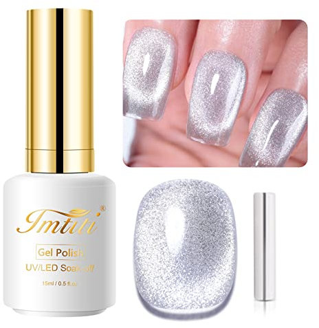 Imtiti Silver Color Gel Nail Polish,0.5fl oz Holographic 9D Cat eyes Glitter Magnetic Gel Polish UV Gel Nail Polish with Magnetic Stick for Nail Salon