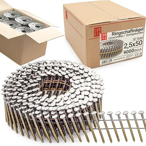 9000pcs Clous en rouleau 16° 2,5 x 50mm acier non galvanisé tige annelée | reliés fil pour cloueur pneumatique, cloueuse, pistolet à clou, bois, palettes, clôtures, coffrages