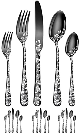 caapmony Juego de 20 cubiertos de acero inoxidable satinado, mate, incluye cuchillo, cubertería pulida con espejo, apto para lavavajillas, color negro