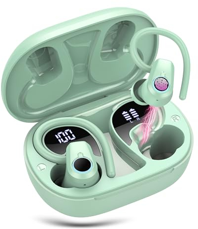 Wireless Earbuds, 2024 Wireless Earphones Bluetooth 5.3 Headphones Wireless, Over Ear Buds Wireless Earbuds with Earhooks, IP7 Waterproof 50H Stereo Wireless Headphones Sport, Dual LED Display, Green