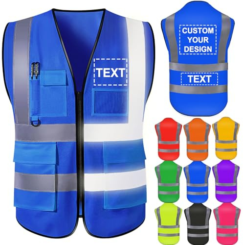 Personalisierte Sicherheitsweste für Herren, hohe Sichtbarkeit, reflektierendes Logo mit Taschen und Reißverschluss, Outdoor-Schutz, Blau, Grande