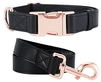 Dog Collar and Leash Set.Soft and Easy to Clean Vegan Leather with Rose Gold Metal Buckle for Small Medium Large Dogs (L(15.4-24.8), Blark)