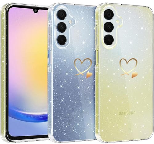 CaseLover Cover per Samsung Galaxy A25 5G, Custodia Crystal Glitter Trasparente TPU Silicone Case con Protezione Fotocamera Motivo Cuore Morbida Antiurto Protettiva Cover per Samsung A25 5G, Clear B
