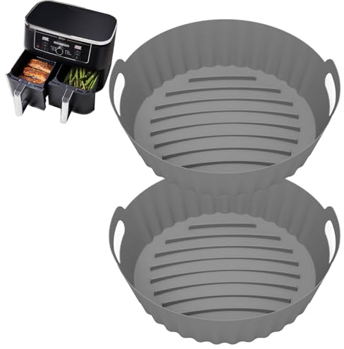 2Pcs Silicone Air Fryer Liners Silicone Pot for Ninja Foodi AF400UK AF451UK AF300UK 7.6L-9.5L Reusable Airfryer Accessories for Double Stack SL400UK Tower T17088 Oil-Proof Food Grade Parchment (02)