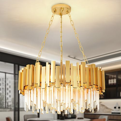 Araña moderna de cristal de oro colgante accesorios de iluminación, Ronda de cristal colgante de iluminación para la sala de estar, comedor, dormitorio, restaurante, E14 x 8, D60 cm