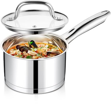 Joyfair Stielkasserolle, 14cm 3-Lagiger Boden Kasserolle mit Glasdeckel, 1 Liter Edelstahl Klein Kochtopf für Kochen/Erwärmen/Sieden, Milchtopf Induktion für alle Herdarten, Spülmaschinenfest