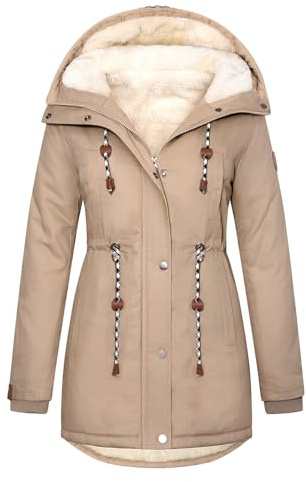 Xnova Damen Wintermantel Fleece gefütterter Parka Mittlere | Warm Teddyfleece Mäntel Draussen Winterjacke mit Kapuze, Taschen, Verstellbare Kordelzüge, Winddichte Baumwolle