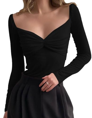 EMOTTOS Chemises Sexy en Tencel Chiffon à Manches Longues, Chemises Transparentes à col en V pour Femmes, Top Sexy pour Femmes (Noir/Blanc, S-L)