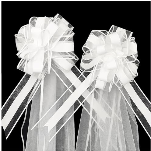 WANYIG 4 Stück Autoschmuck Autoschleifen Hochzeit Schleifenband Geschenkschleifen Stuhlschleife mit 4X Tüll Hochzeitsdeko Auto Schmuck für Hochzeit Geburtstag Weihnachten Party Deko (Weiß, 8 Stück)