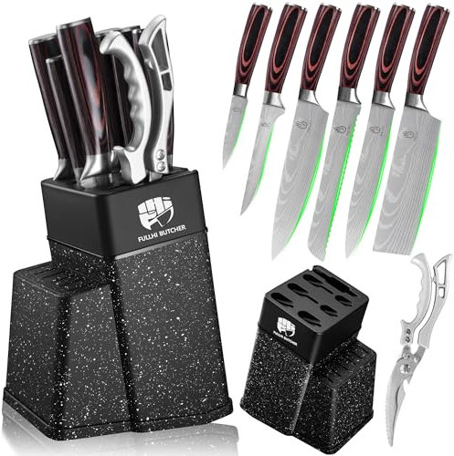 FULLHI Set de 8 couteaux de bloc, Set de couteaux de chef avec bloc et ciseaux, Set de couteaux de cuisine en acier inoxydable, Manche multicolore, Cadeaux pour hommes femmes (Café bois)