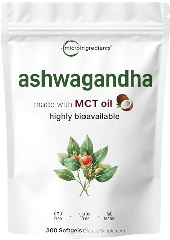 Micro Ingredients Ashwagandha Supplements | 300 Coconut MCT Oil Softgels with Black Pepper for Better Absorption | Potent Root Extract | Non-GMO