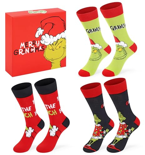 Cerdá The Grinch 3 Pair Mens Womens Teens Unisex Novelty Calf Length Socks - Merry Grinchmas Christmas Novelty Funny Gift Socks