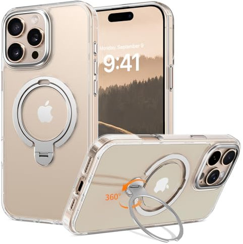 YINLAI für iPhone 16 Pro Hülle mit Top 360° Ständer Ring Kompatibel mit MagSafe,HandyHülle Magnetisch Militärschutz,Transparent Rückseite Case Cover Schutzhülle für iPhone 16 Pro 6.3,Crystal Klar