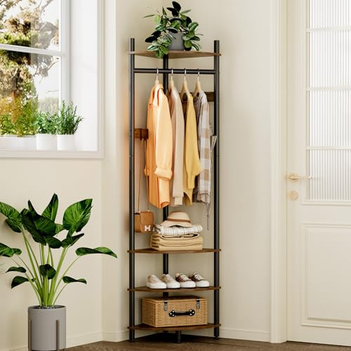 VEDECASA Corner Hall Tree Coat Rack with 4-Tier Shelves & Shoe Bench – Freestanding Corner Entryway Storage with 6 Movable Hooks, Industrial Wooden Hallway Closet Organiser, Brown