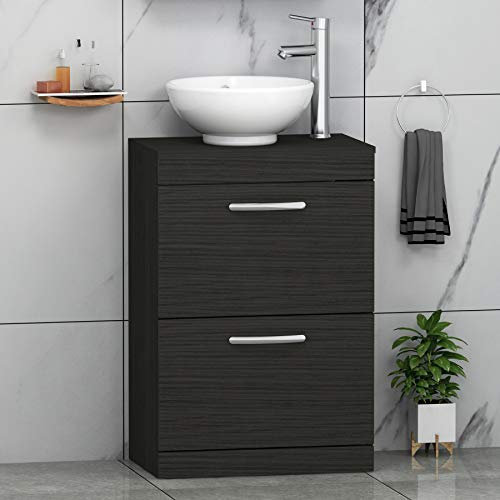 500 mm bodenstehender Waschtisch mit 2 Schubladen, Hale Black Finish & 410 mm rundes Aufsatzwaschbecken – stilvolle Badezimmer-Aufbewahrungslösung