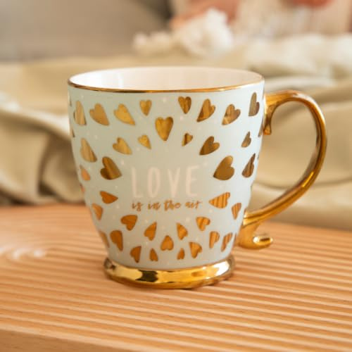 Love is in The Air Ceramic Mug 400ml Romantic Gold Finish Coffee Cup, Assorted Modern Designs, Glossy Gift Mug for Tea or Hot Drinks, Stylish Home or Office Use (Mint Green)