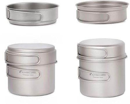 Fyearfly Set da cucina ultraleggero in titanio, pentole compatte da campeggio, pentola da 1100 ml e padella da 350 ml, manici pieghevoli per una facile conservazione