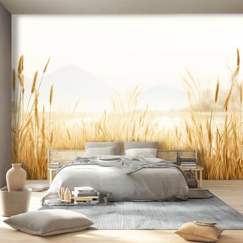 250 x 175 cm Fototapete Natur Schilf Gras See Beige Vlies Tapete für Wandtapete Wohnzimmer Schlafzimmer Kinderzimmer Wand Dekoration Wandbild UV-Beständig
