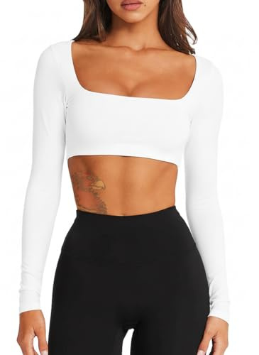 TZLDN Women Square Neck Long Sleeve Crop Top Removable Pads Gym Activewear | Thumbhole Cuffs Buttery Soft Quick Dry Light Medium Support Slim Fit With Leggings for Yoga Pilates Daily Going Out Outfits