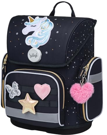 Baagl Schulranzen Mädchen Ergo Schultasche Grundschule - Unicorn Gold | Leichter Kinder Ranzen, Tornister und Schulrucksack mit Brustgurt für 1. Klasse sorgen für eine gleichmäßige Lastverteilung.