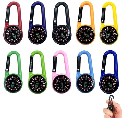 10 pezzi bussola con moschettone, portachiavi mini bussola, 10 colori, multifunzione, portatile, per attività all'aperto, escursioni, campeggio, montagne, per bambini e adulti