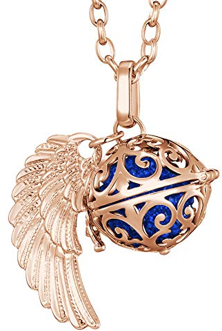 Morella Halskette Damen roségold Edelstahl 70 cm mit roségoldenem Anhänger Engelsflügel und Klangkugel Zirkonia blau Ø 16 mm in Schmuckbeutel