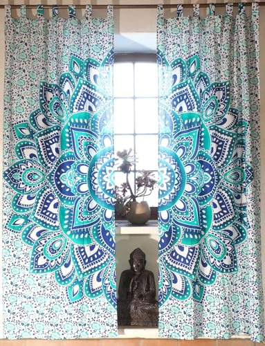 Boho Vorhänge, Gardine mit Schlaufen, Mandala Motiv, weiß/türkis/blau