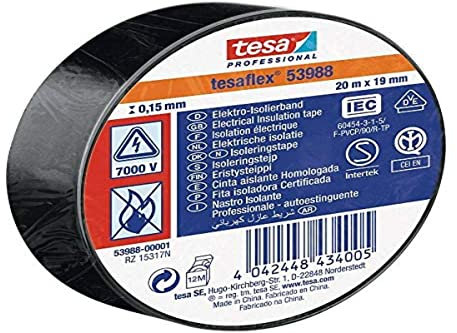 tesa 53988-00001-00 53988 - Cinta aislante (20 m x 19 mm, 3 unidades), color negro