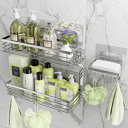 Orimade Duschablage ohne bohren mit Seifenschalenhalter und 5 Haken - Duschregal für die Dusche Badezimmer - Selbstklebend Duschablage ohne Bohren - Edelstahl - 3 Pack