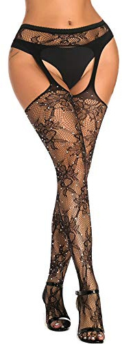 Women's Garter Belt Fishnet Tights Stockings with Diamond High Waisted Suspender Pantyhose