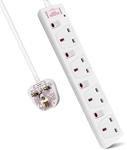 ExtraStar Extension Lead Surge Protection 4 Way Outlets, 13A Power Strip Wall Mounted with Individual Switches, Multi Socket Extension Cable UK Plug for Home and Office (3M, White)