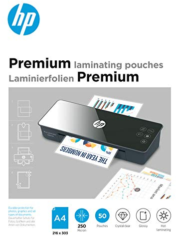 HP Premium Laminierfolien, DIN A4, 250 Micron, glänzend, transparent, zum Heißlaminieren, 50 Stück, 9125