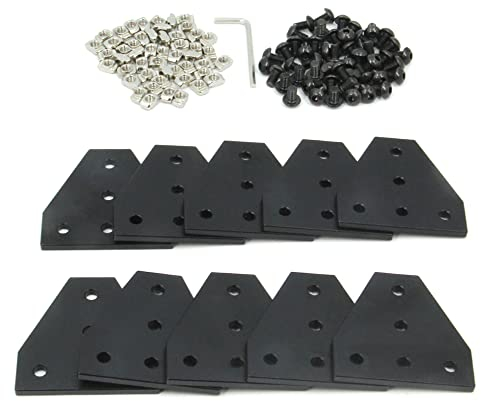 Befenybay Juego de 10 placas de soporte de esquina con 50 tornillos M5 x 8 mm y 50 tuercas M5 T para marco de impresora 3D de perfil de aluminio de la serie 2020