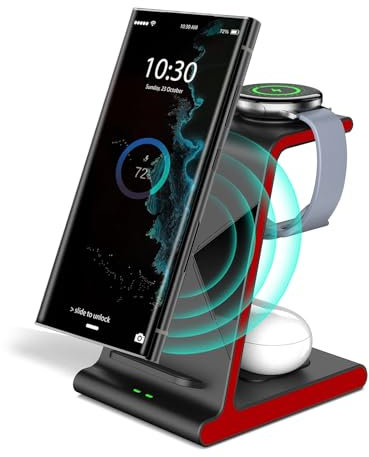 Aukvite Wireless Charger 3 in 1, Fast Wireless Charging Station Dock for Samsung S25/S24 Ultra/S21/S21+/S10/S9/Galaxy Z Fold 4/flip 4 and Galaxy buds, Watch Charging Station for Galaxy watch 7/6(Red)