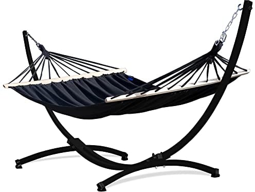Potenza Outdoor Hängematte mit Gestell für 2 Personen I Stabhängematte XXL 220x160, 200kg I Hängemattengestell 220kg Wetterfest (Schwarz, Gestell Schwarz)