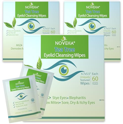 NOVEHA Tea Tree Oil Eyelid & Lash Wipes With Hyaluronic Acid, Green Tea & Chamomile For Blepharitis & Itchy Eyes, Individually Wrapped Eyelash Wipes Natural Makeup Remover & Daily Cleanser (Pack of 3)