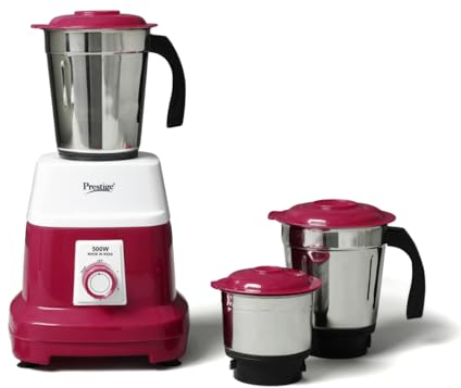 Prestige Orion 500 Watts Mixer Grinder with 3 Stainless Steel Jars |3 Super Efficient Stainless Blades |Sturdy Handles|Red & White