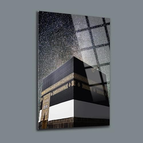 DEKADRON Kaaba Wanddekoration, Glaswandbild, Wohnzimmer, Heimbüro, Modern, Schwarz, 70 x 100 cm