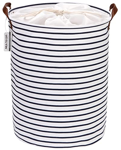 Sea Team Stripe Pattern Laundry Hamper Canvas Fabric Laundry Basket Collapsible Storage Bin with PU Leather Handles and Drawstring Closure, 17.7 by 13.8 inches, Waterproof Inner, Navy B