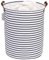 Sea Team Stripe Pattern Laundry Hamper Canvas Fabric Laundry Basket Collapsible Storage Bin with PU Leather Handles and Drawstring Closure, 17.7 by 13.8 inches, Waterproof Inner, Navy B