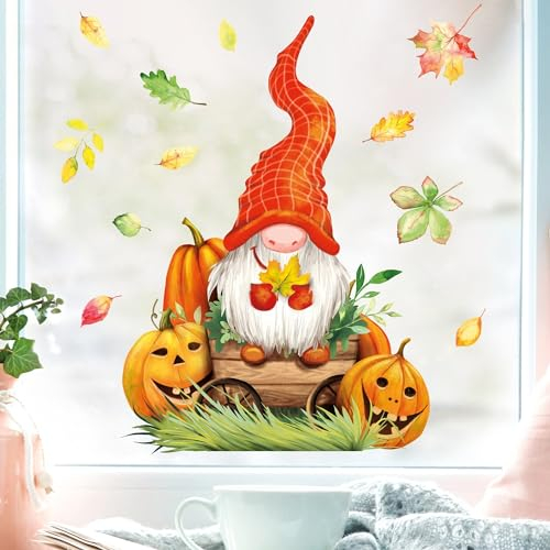 Wandtattoo Loft Fensterbild Herbst Zwerg mit Blättern und Kürbissen herbstlicher Fensteraufkleber Fensterdeko, A4 Bogen