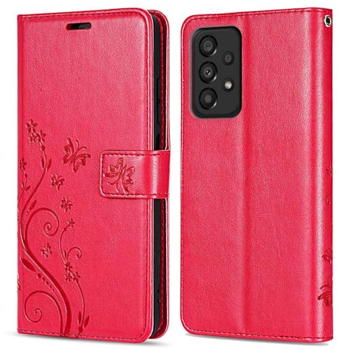 betterfon Hülle Kompatibel mit Samsung Galaxy A53 5G | Premium PU Leder Handyhülle Wallet Case für Galaxy A53 5G | Schutzhülle Blumen Klapphülle Handyhülle | Rot