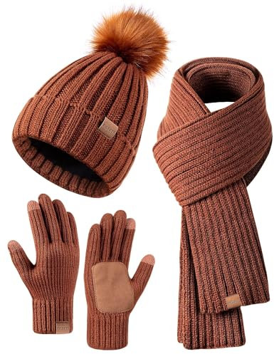 Winter-Set für Damen mit Mütze, Schal und Handschuhen, Mütze mit Bommel, langer Schal, Touchscreen-Handschuhe, 3-in-1-Set, dunkelorange, Einheitsgröße