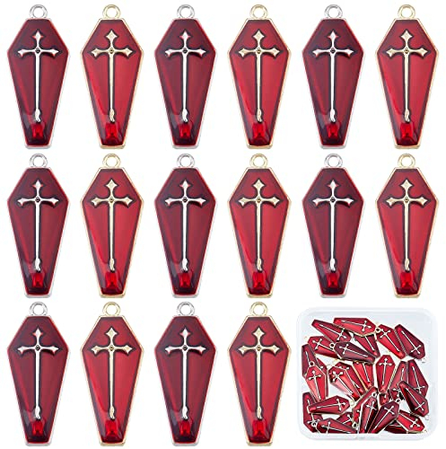 SUNNYCLUE 1 Box 30 Stück 2 Stile Roter Sarg-Charms Horror-Emaille-Rand Silberner Sarg-Kreuz-Halloween-Anhänger Gothic-Ohrring-Anhänger Für Schmuckherstellung, Charms, DIY, Basteln, Party-Dekoration, G
