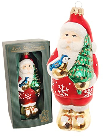Krebs Glas Lauscha - Weihnachtsdekoration/Christbaumschmuck aus Glas - Weihnachtsmann als Anhänger - Motiv: mit Tanne und Vogel - Größe: ca. 14 cm
