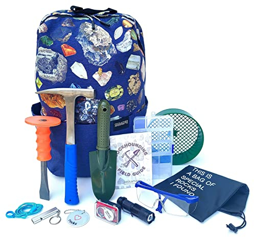 Rockhounding Tools - Geology Rock Pick Hammer Kit w/ 32 Page Rock Hounding Field Guide - Backpack to Carry Chisel & Pick Set - Geology Gifts for Kids & Adults - Gold Mining Equipment -(NAVY)