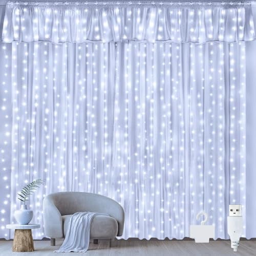 Ollny Curtain Lights Indoor Outdoor, 300LED 3mx3m Waterfall Hanging Plug in String Lights, Waterproof Window Lights for Bedroom/Wall/Outdoor/Wedding/Party, Cool White