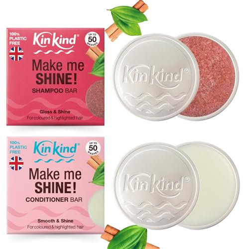 KinKind Make me SHINE! Travel Shampoo and Conditioner Bars. Up to 50 washes. Travel size shampoo toiletries set with 2 shampoo bar tins. No leakage. Ideal for holidays, gym & pool