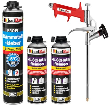 Isolbau B2 Dämmstoffkleber SET - 1 x 750 ml Perimeterkleber, 2 x PU-Schaum-Reiniger & 1x Schaumpistole für EPS & XPS-Platten - 1K PU-Klebeschaum für Fixieren und Isolieren