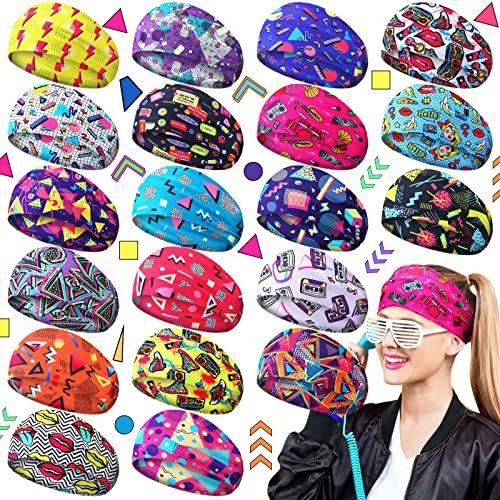 Yilloog 20 Stück Retro Vintage Workout Stirnbänder für Frauen 80er 90er Jahre Stirnband rutschfeste Sportschweißbänder für Männer Neon-elastisches Haarband für Fitness Laufen Radfahren Joggen Yoga Ski